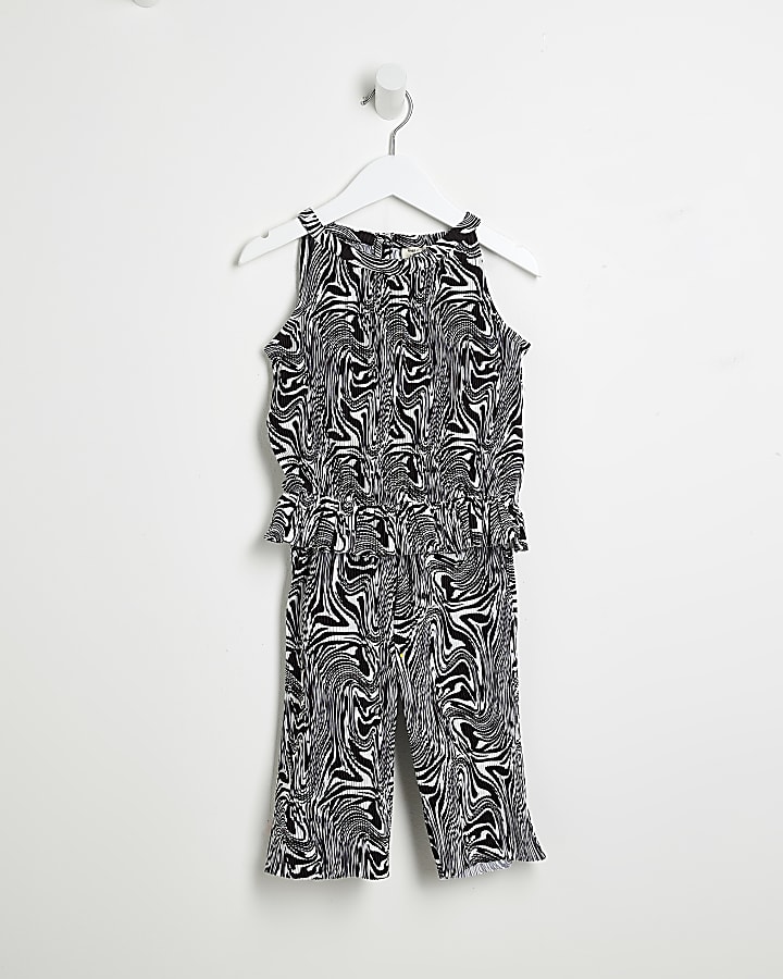 Mini girls black plisse printed cami outfit