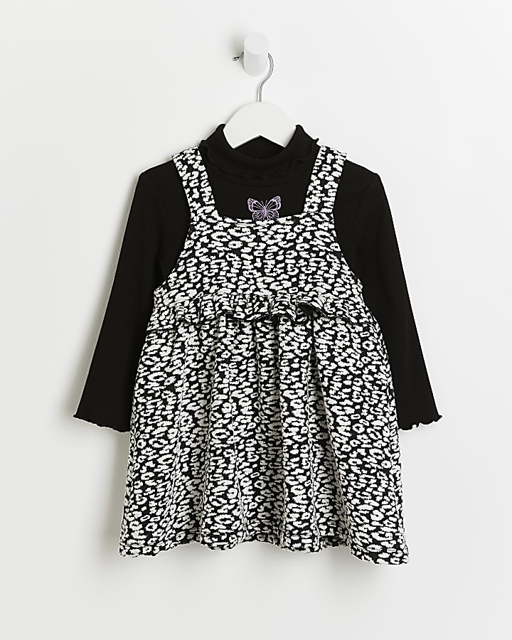 Mini girls black print pinafore dress outfit
