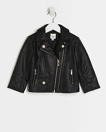 Mini girls black PU double zip biker jacket