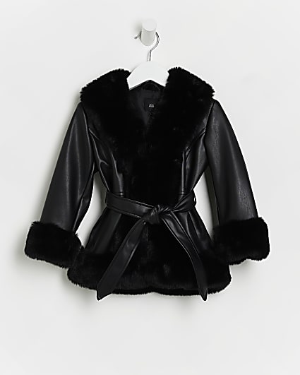 Mini girls black PU faux fur wrap blazer