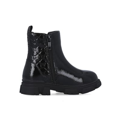 Mini girls Black PU Monogram Chelsea boots River Island