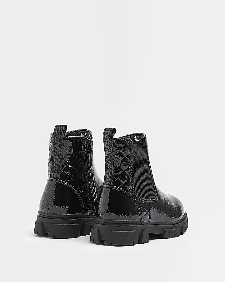 Mini girls Black PU Monogram Chelsea boots