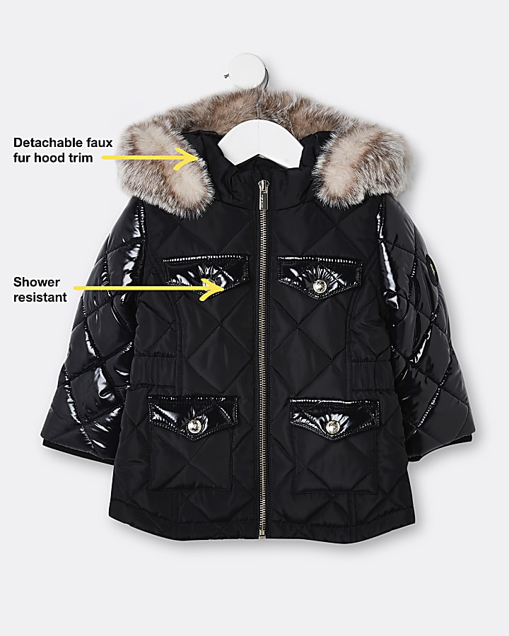 Mini girls black quilted puffer coats