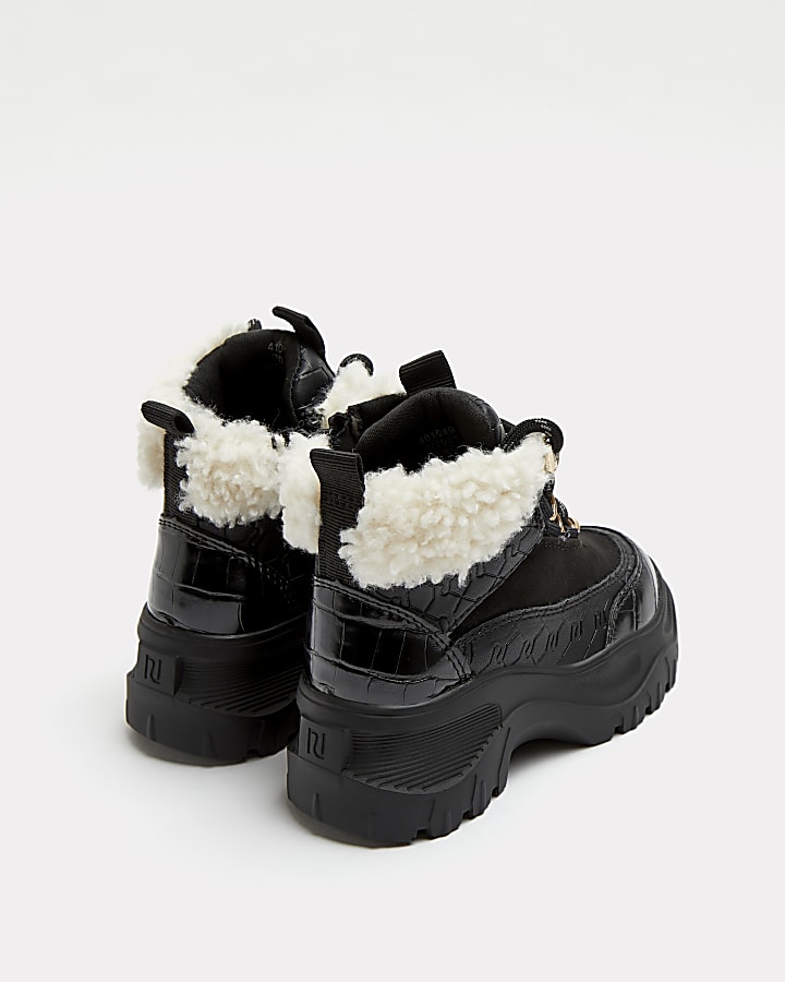 Mini girls black RI borg lace up boots