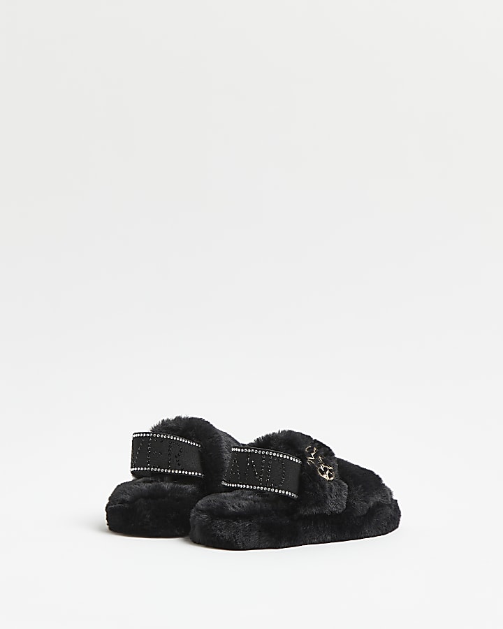 Mini girls black RI diamante slippers