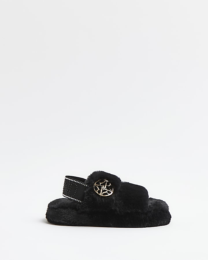 Mini girls black RI diamante slippers