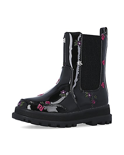 360 degree animation of product Mini girls Black RI Embroidered patent Boots frame-1