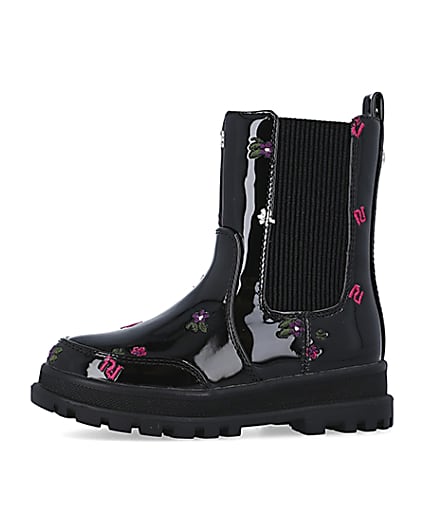 360 degree animation of product Mini girls Black RI Embroidered patent Boots frame-2
