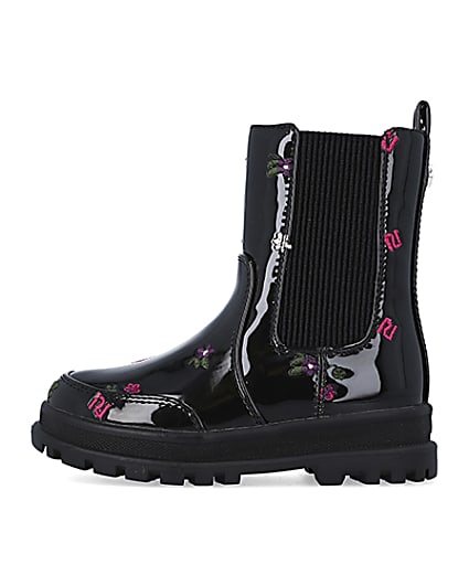360 degree animation of product Mini girls Black RI Embroidered patent Boots frame-3