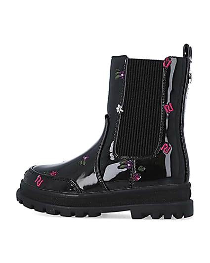 360 degree animation of product Mini girls Black RI Embroidered patent Boots frame-4