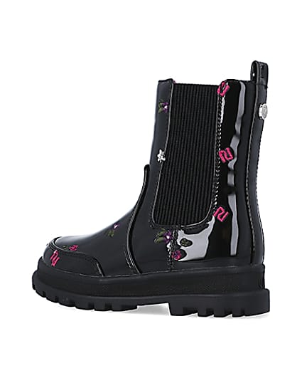 360 degree animation of product Mini girls Black RI Embroidered patent Boots frame-5