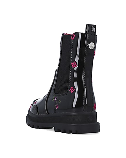 360 degree animation of product Mini girls Black RI Embroidered patent Boots frame-7