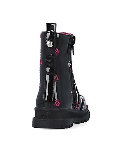 360 degree animation of product Mini girls Black RI Embroidered patent Boots frame-10