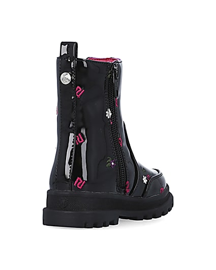 360 degree animation of product Mini girls Black RI Embroidered patent Boots frame-11