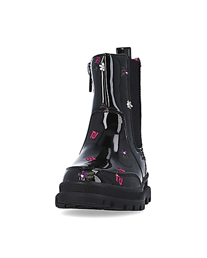360 degree animation of product Mini girls Black RI Embroidered patent Boots frame-22