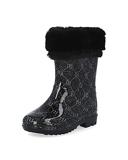 360 degree animation of product Mini girls black RI faux fur wellie boots frame-0