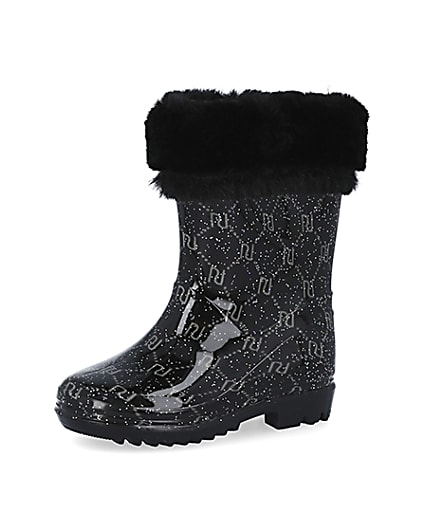 360 degree animation of product Mini girls black RI faux fur wellie boots frame-1