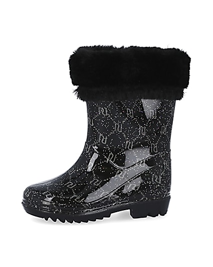 360 degree animation of product Mini girls black RI faux fur wellie boots frame-2