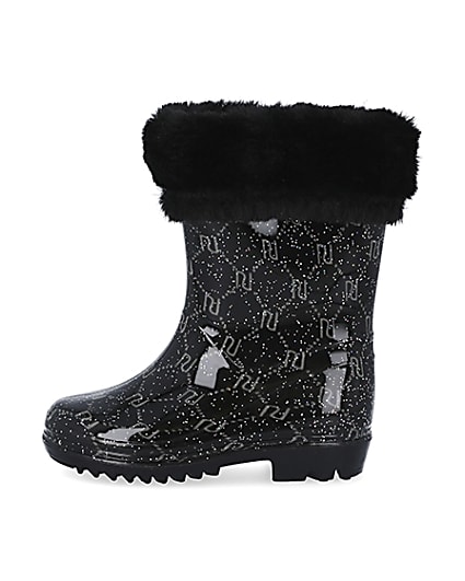 360 degree animation of product Mini girls black RI faux fur wellie boots frame-3