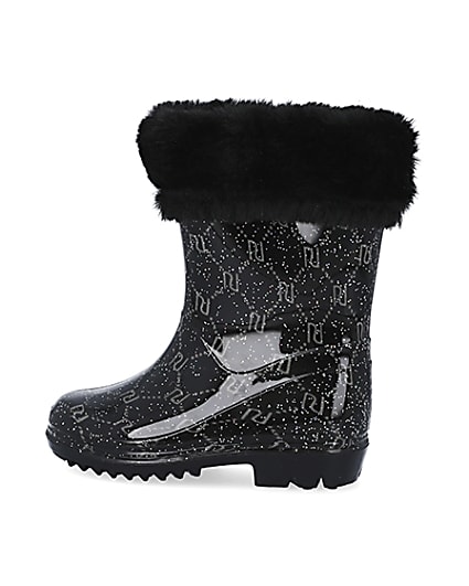 360 degree animation of product Mini girls black RI faux fur wellie boots frame-4