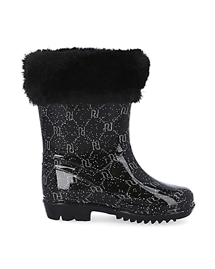 360 degree animation of product Mini girls black RI faux fur wellie boots frame-15