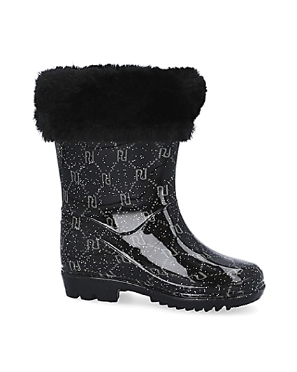360 degree animation of product Mini girls black RI faux fur wellie boots frame-16