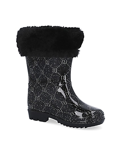 360 degree animation of product Mini girls black RI faux fur wellie boots frame-17