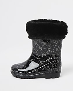 Mini girls black RI faux fur wellie boots