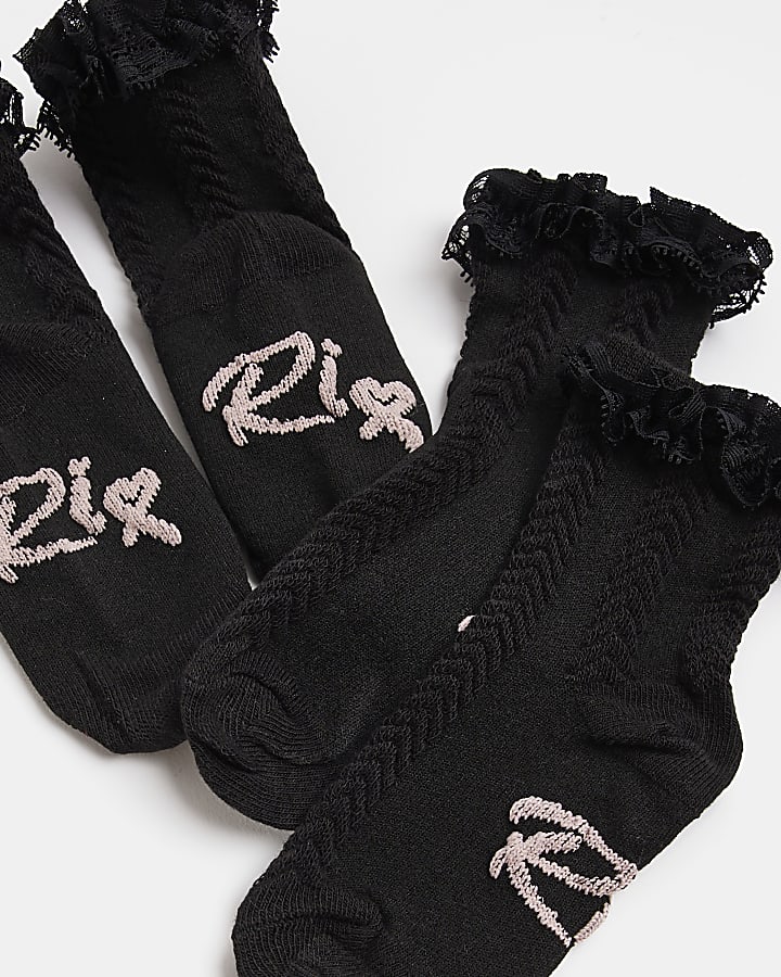 Mini girls black RI frill socks 2 pack