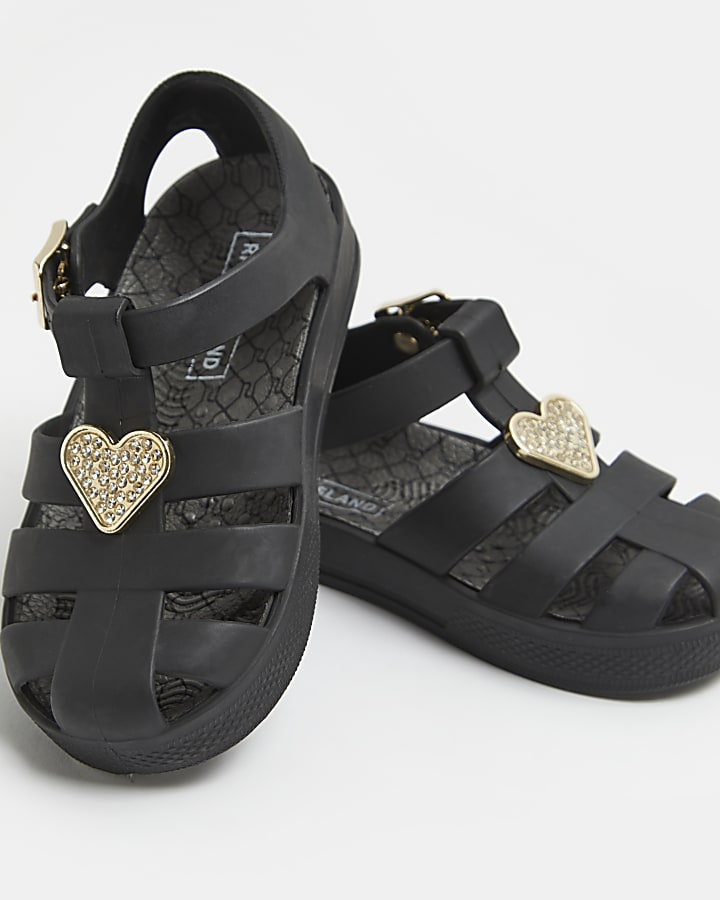Mini girls black RI heart glitter sandals