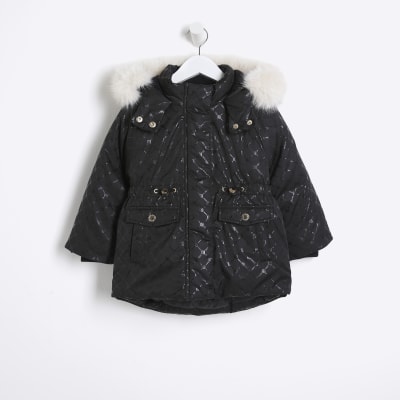 Mini girls black RI Monogram Padded Jacket River Island