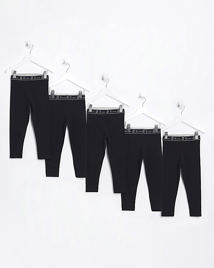 Mini Girls Black RI Waistband Leggings 5 Pack
