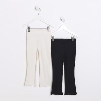 Mini girls black rib flare trousers 2 pack