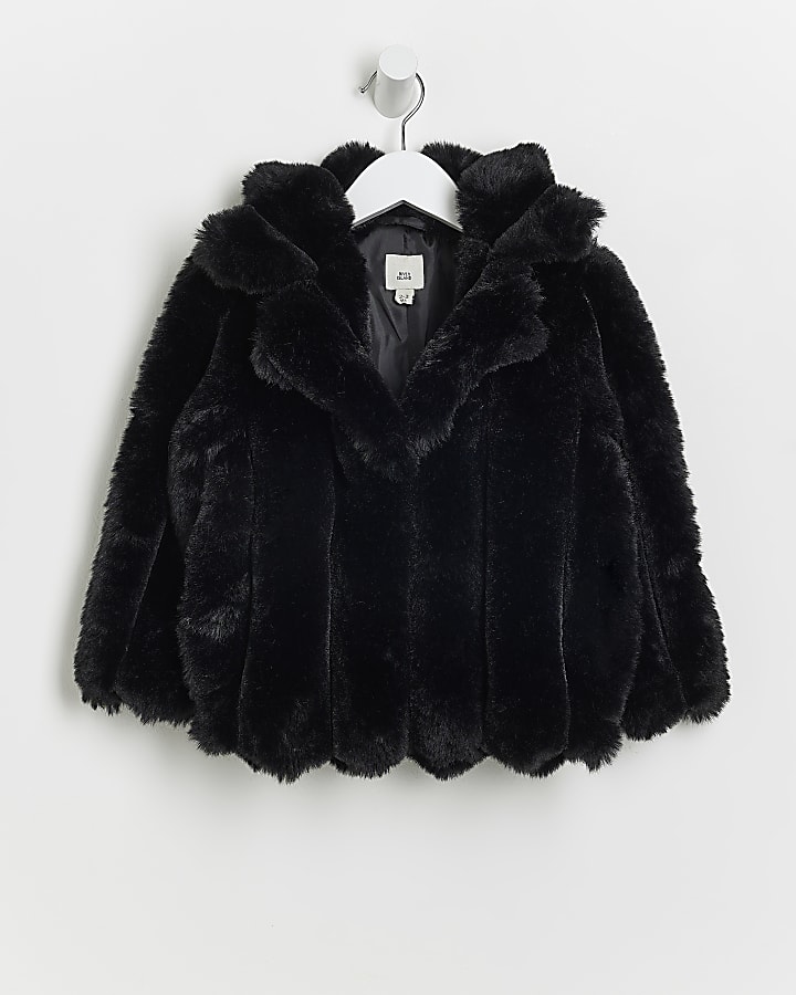 Mini Girls Black Ribbed Faux Fur Coat