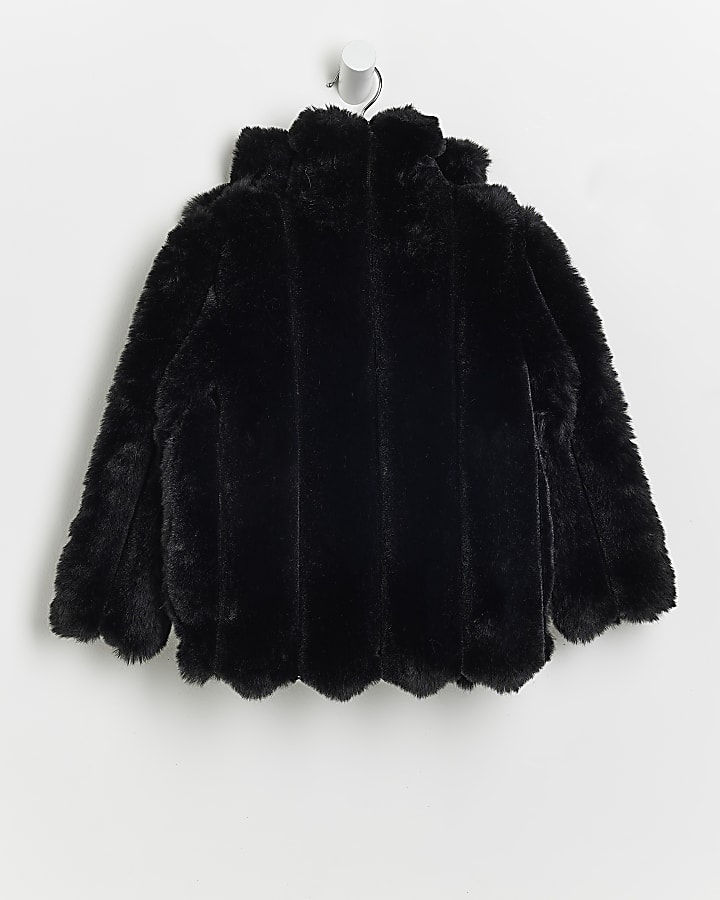 Mini Girls Black Ribbed Faux Fur Coat