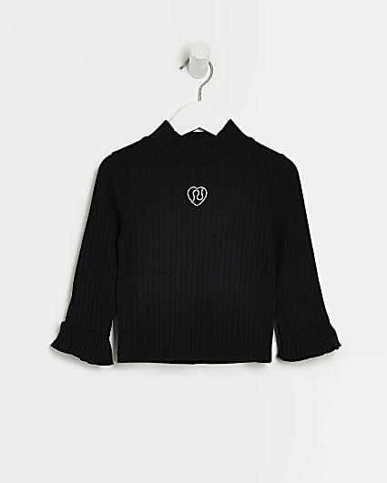Mini girls Black Ribbed Fluted sleeve Top