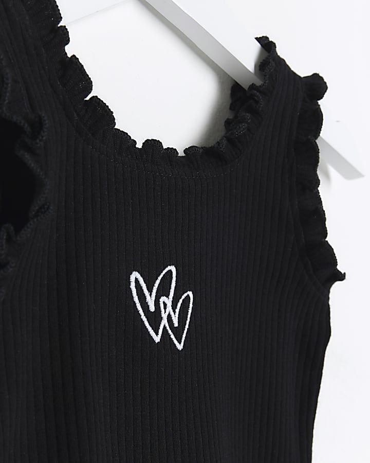 Mini girls black ribbed Frill vest top