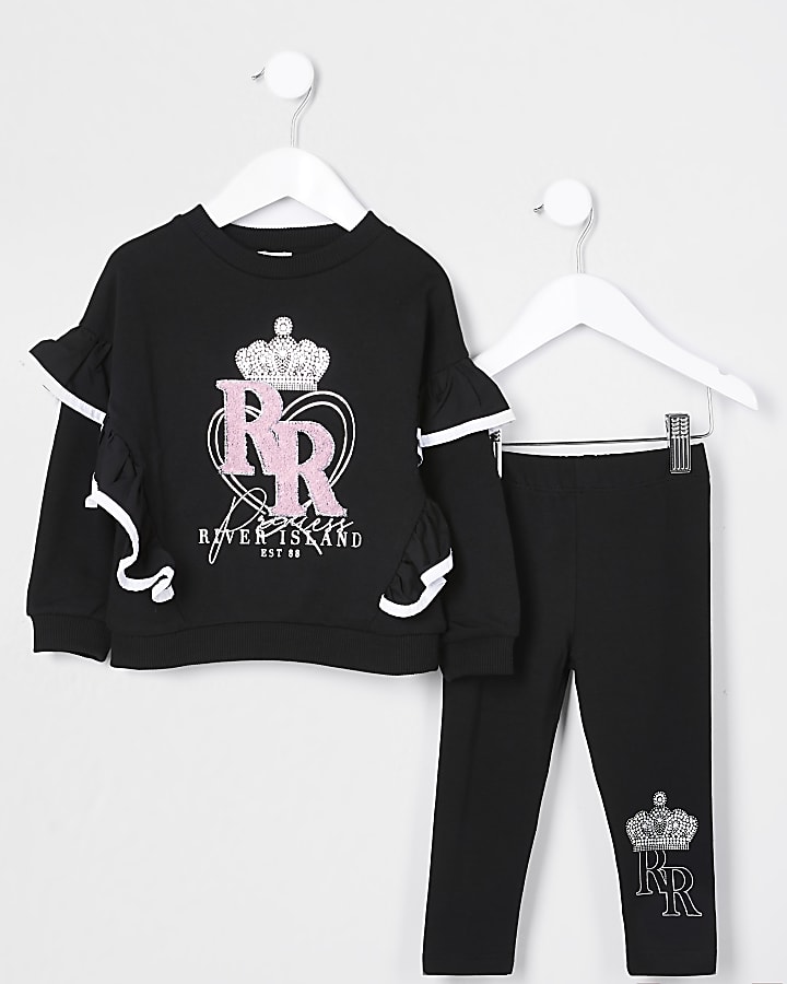 Mini girls black 'RR' sweatshirt set