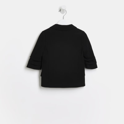 Mini girls black ruched sleeve blazer