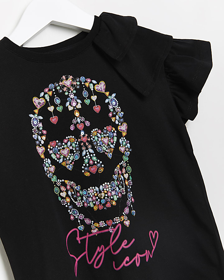 Mini girls black ruffle skull print t-shirt