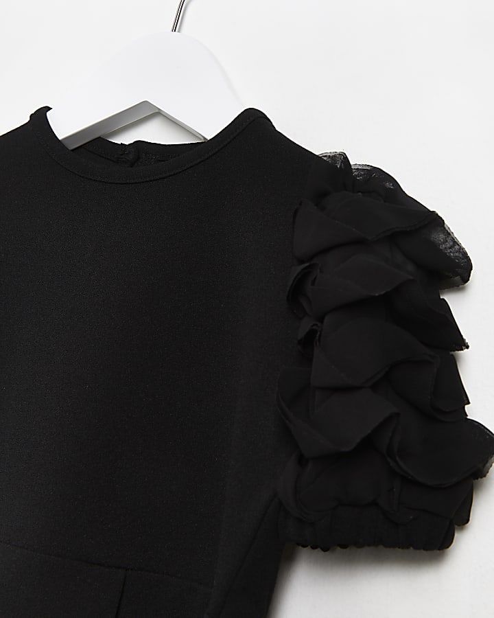 Mini girls black scuba frill sleeve dress