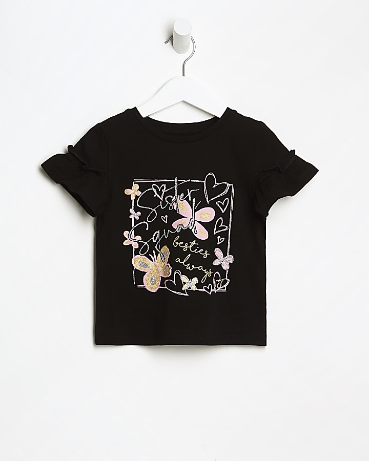 Mini girls black 'Sister Squad' print t-shirt