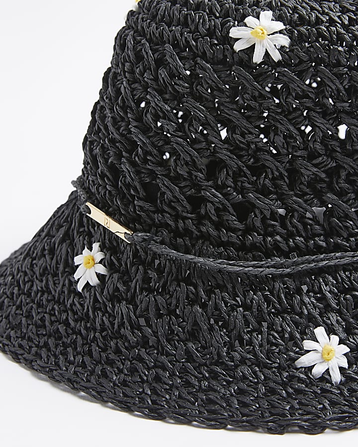 Mini girls black straw embroidered bucket hat