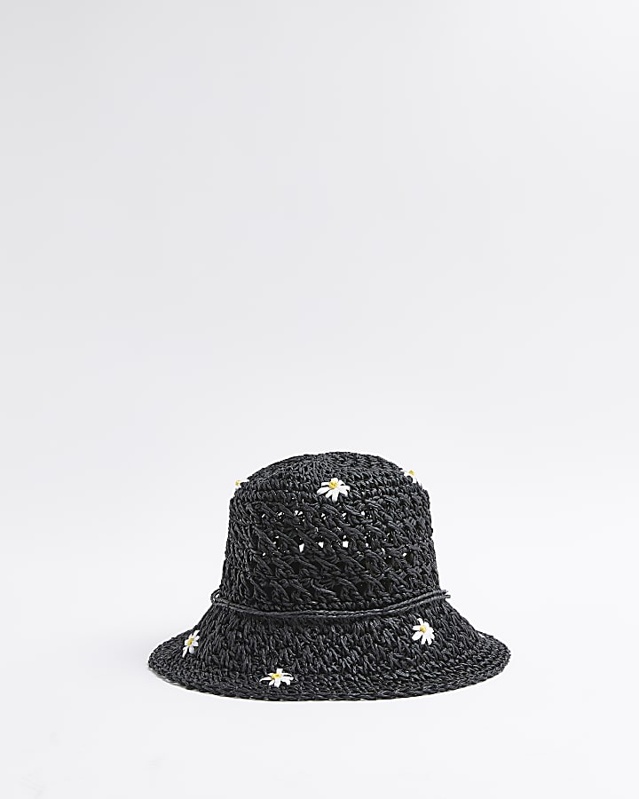 Mini girls black straw embroidered bucket hat