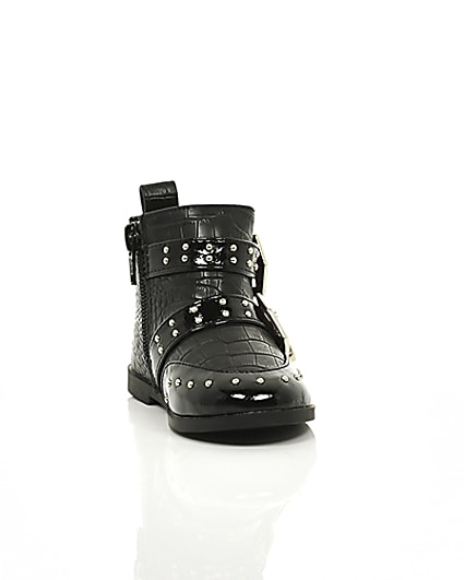 360 degree animation of product Mini girls black stud buckle ankle boots frame-5