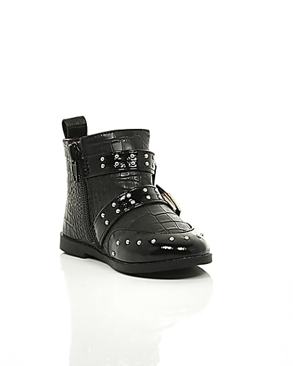 360 degree animation of product Mini girls black stud buckle ankle boots frame-6