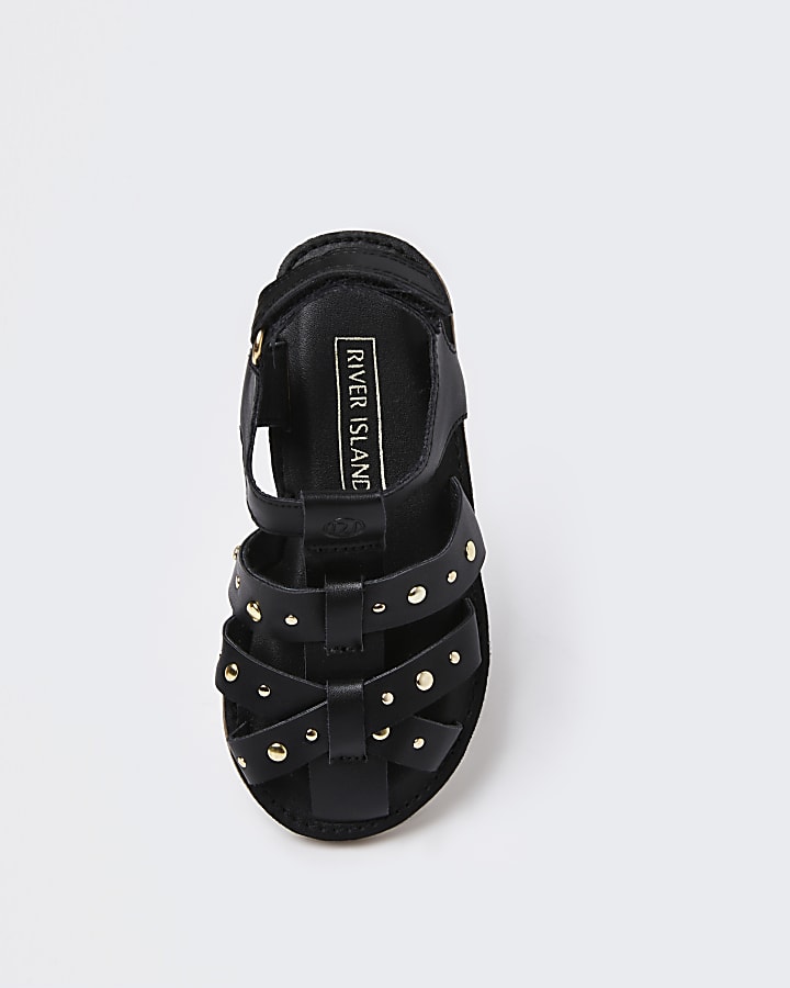 Mini girls black studded caged strap sandals