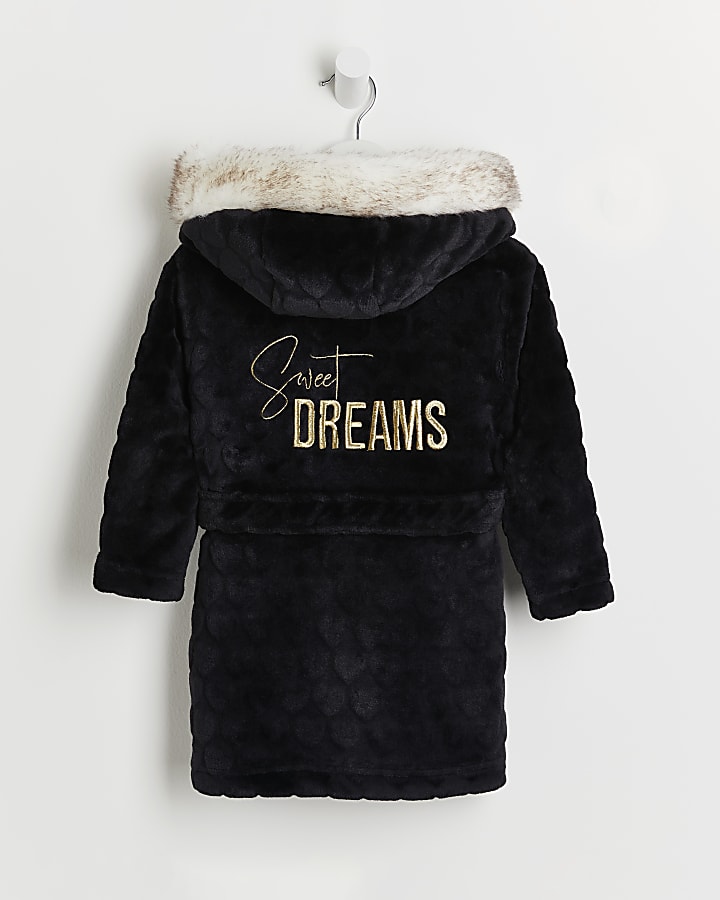 Mini girls black 'Sweet Dreams' faux fur robe