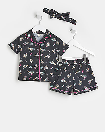Mini girls black teddy bear pyjama set