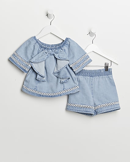 Mini girls blue bow blouse and shorts outfit